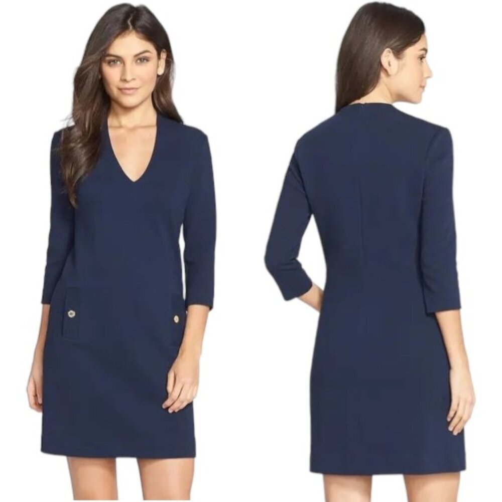 Lilly Pulitzer Charlena Deep V-Neck Ottoman Knit Shift Dress  - Navy Blue - M